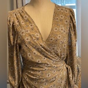 Max Studio Floral Wrap Blouse - Olive and White